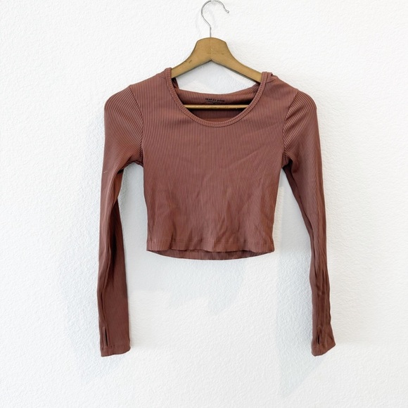 Year of Ours- Brown Ribbed Long Sleeve Hooded Crop Top- M - Picture 1 of 5